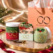 By Grace Decor Christmas Memories gift set with handmade soap, sugar scrub and open body butter in a coordinated satin holiday scene