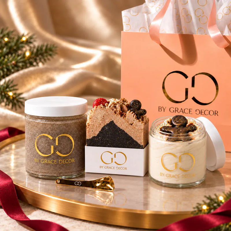 By Grace Decor Gingerbread gift set with handmade soap, sugar scrub and open body butter in a coordinated satin holiday scene