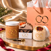 By Grace Decor Pumpkin Spice gift set with handmade soap, sugar scrub and open body butter in a coordinated satin holiday scene