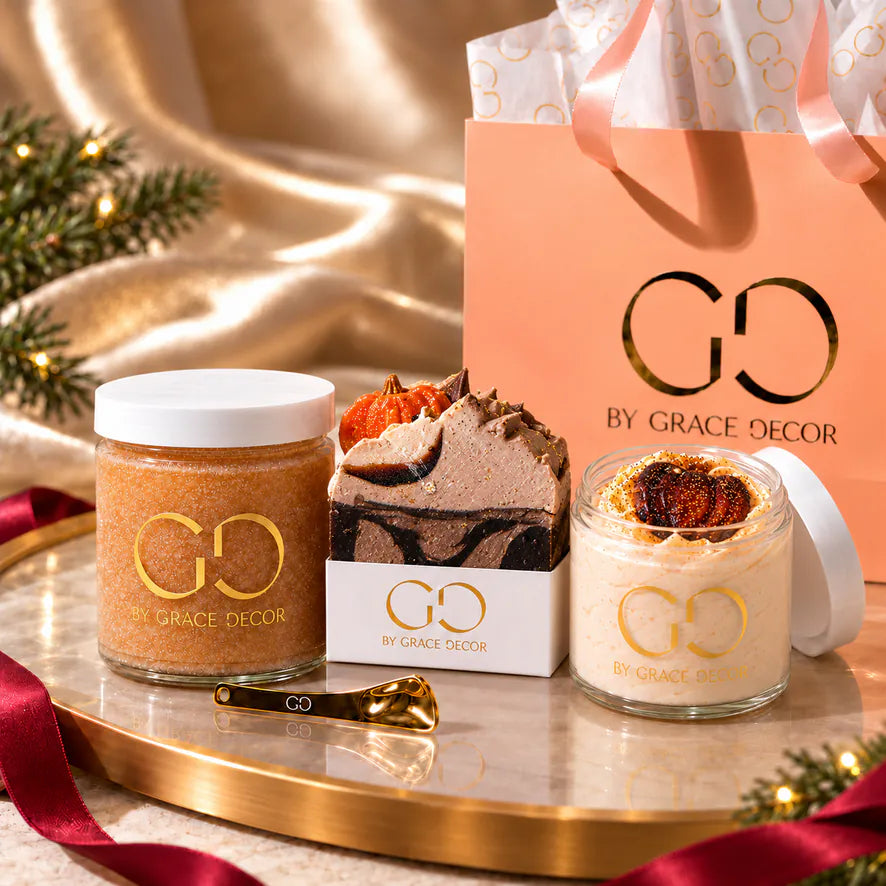 By Grace Decor Pumpkin Spice gift set with handmade soap, sugar scrub and open body butter in a coordinated satin holiday scene