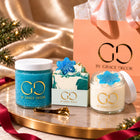 By Grace Decor Snowflake gift set with handmade soap, sugar scrub and open body butter in a coordinated satin holiday scene